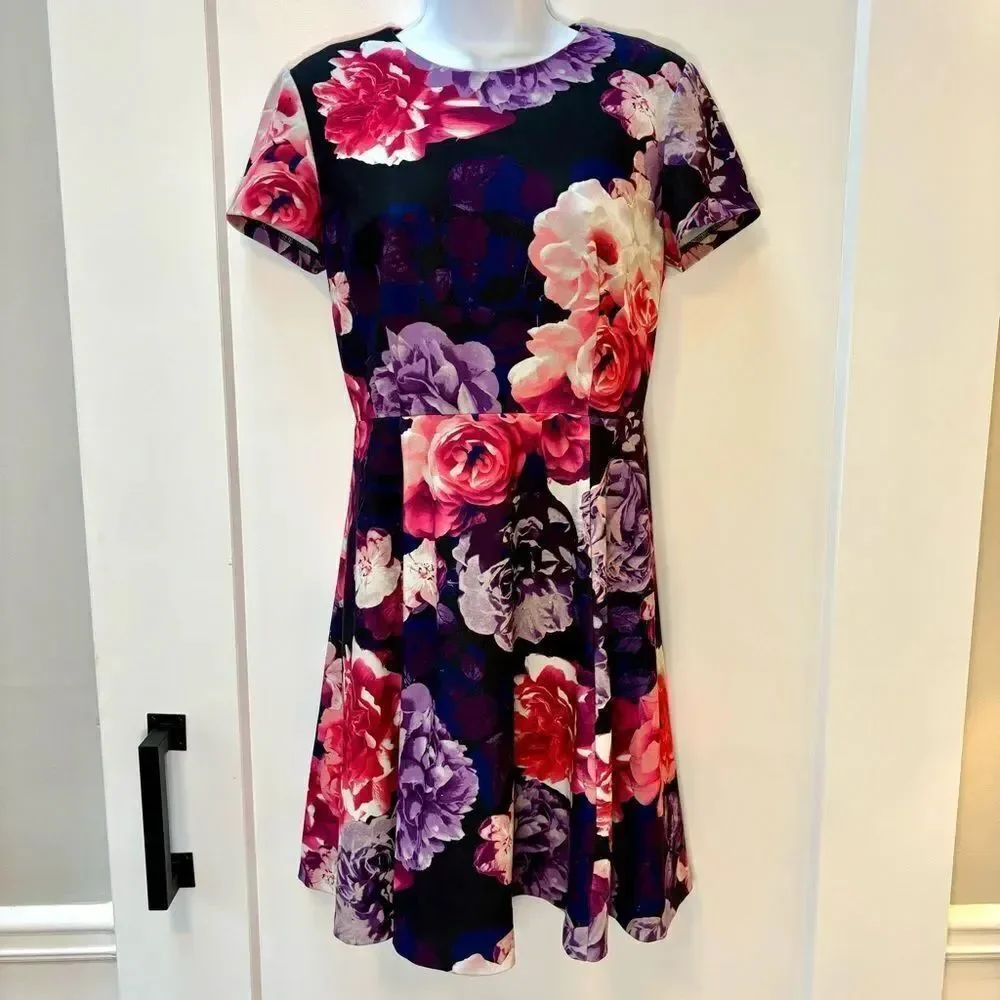 Eliza J black purple floral A-line dress‎ size 4